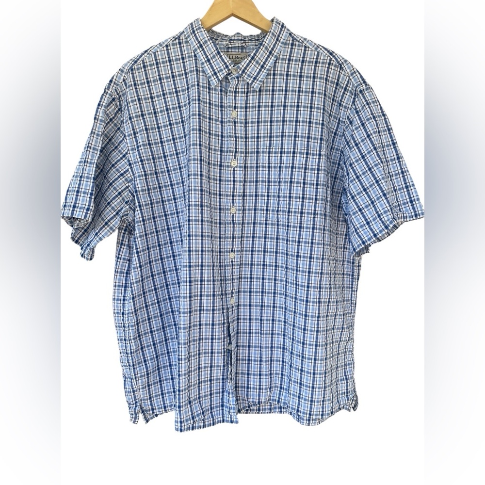 L.L. Bean Blue Casual Button Down Shirt SS Plaid preppy